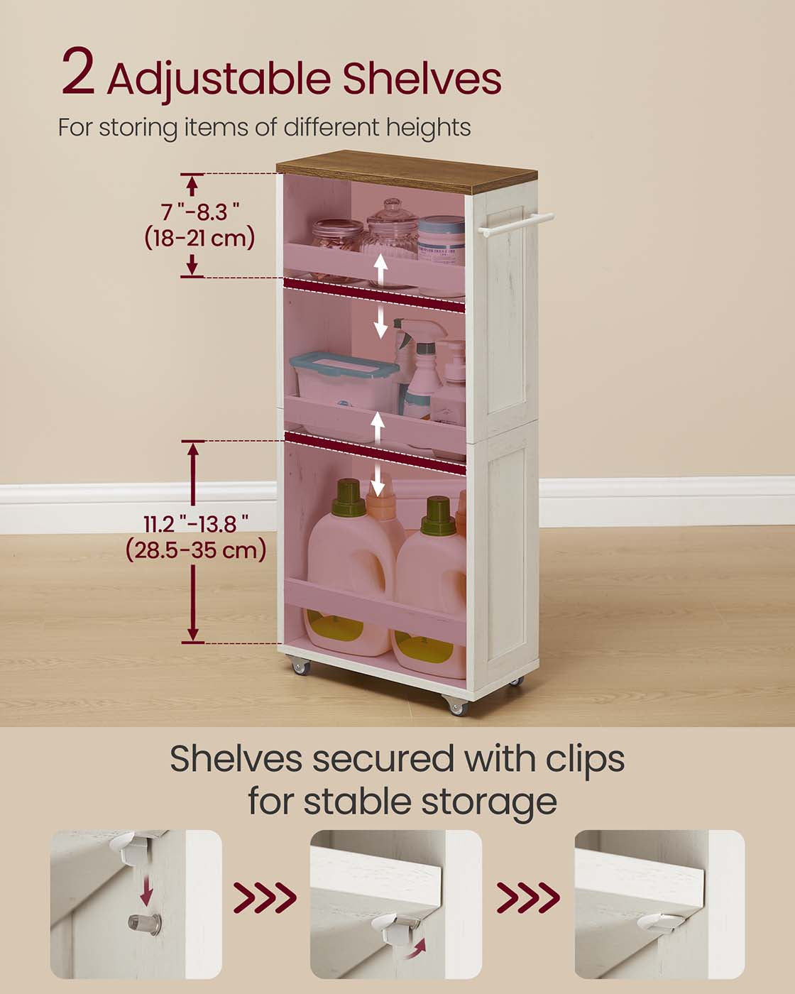 4-Tier Slim Kitchen Storage Trolley - Wood - Rustic White