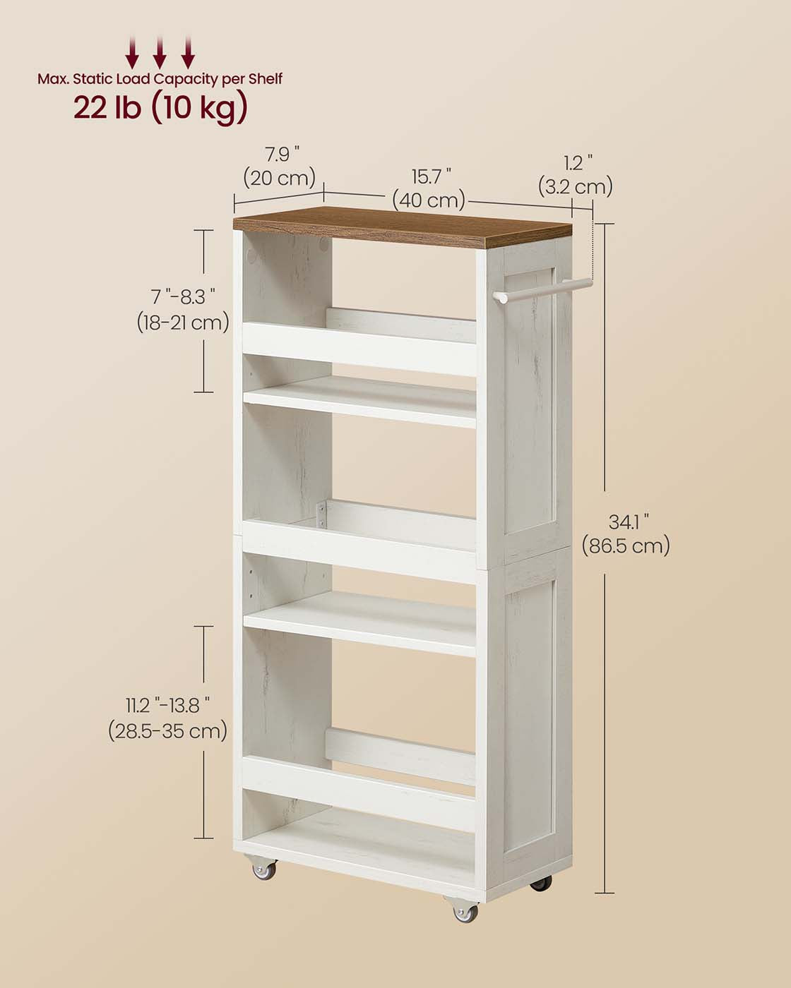 4-Tier Slim Kitchen Storage Trolley - Wood - Rustic White