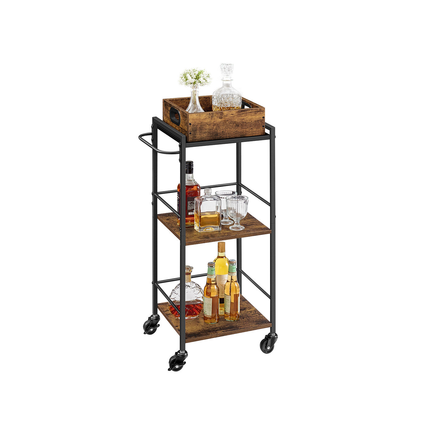 3-Tier Kitchen Serving Cart - Wood - Rustic Brown and Black - Removable Tray and Storage with Wheels