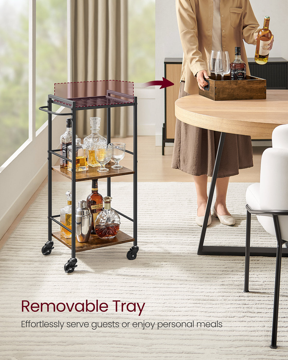 3-Tier Kitchen Serving Cart - Wood - Rustic Brown and Black - Removable Tray and Storage with Wheels