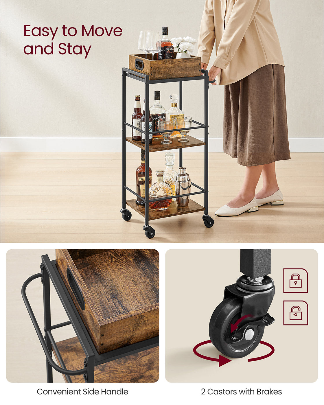 3-Tier Kitchen Serving Cart - Wood - Rustic Brown and Black - Removable Tray and Storage with Wheels