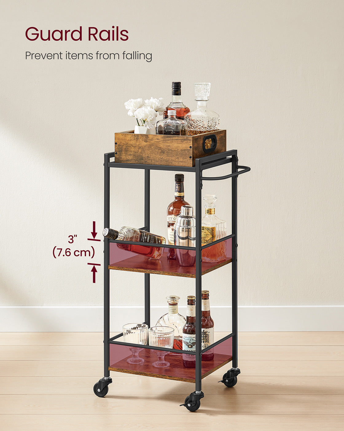 3-Tier Kitchen Serving Cart - Wood - Rustic Brown and Black - Removable Tray and Storage with Wheels
