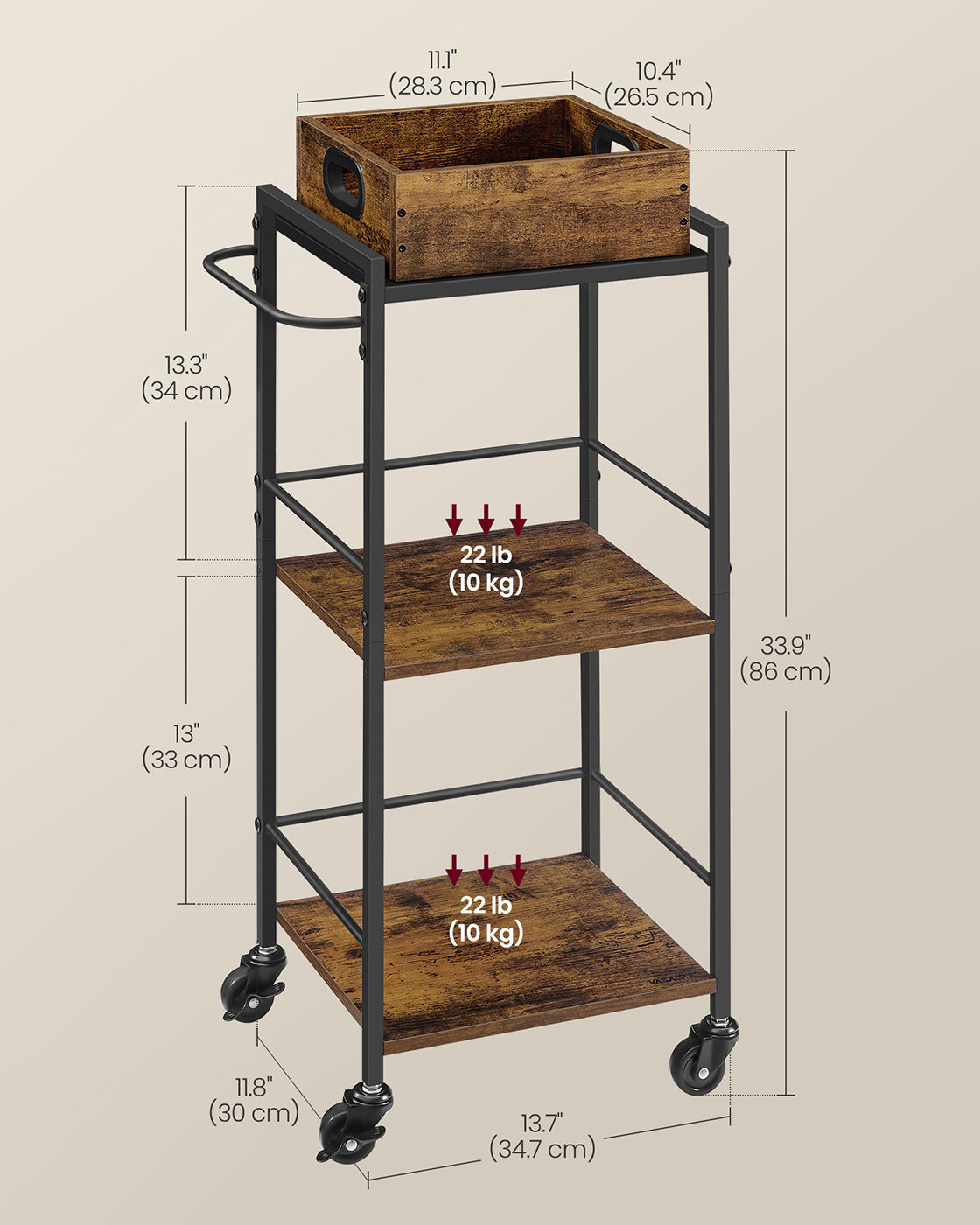3-Tier Kitchen Serving Cart - Wood - Rustic Brown and Black - Removable Tray and Storage with Wheels