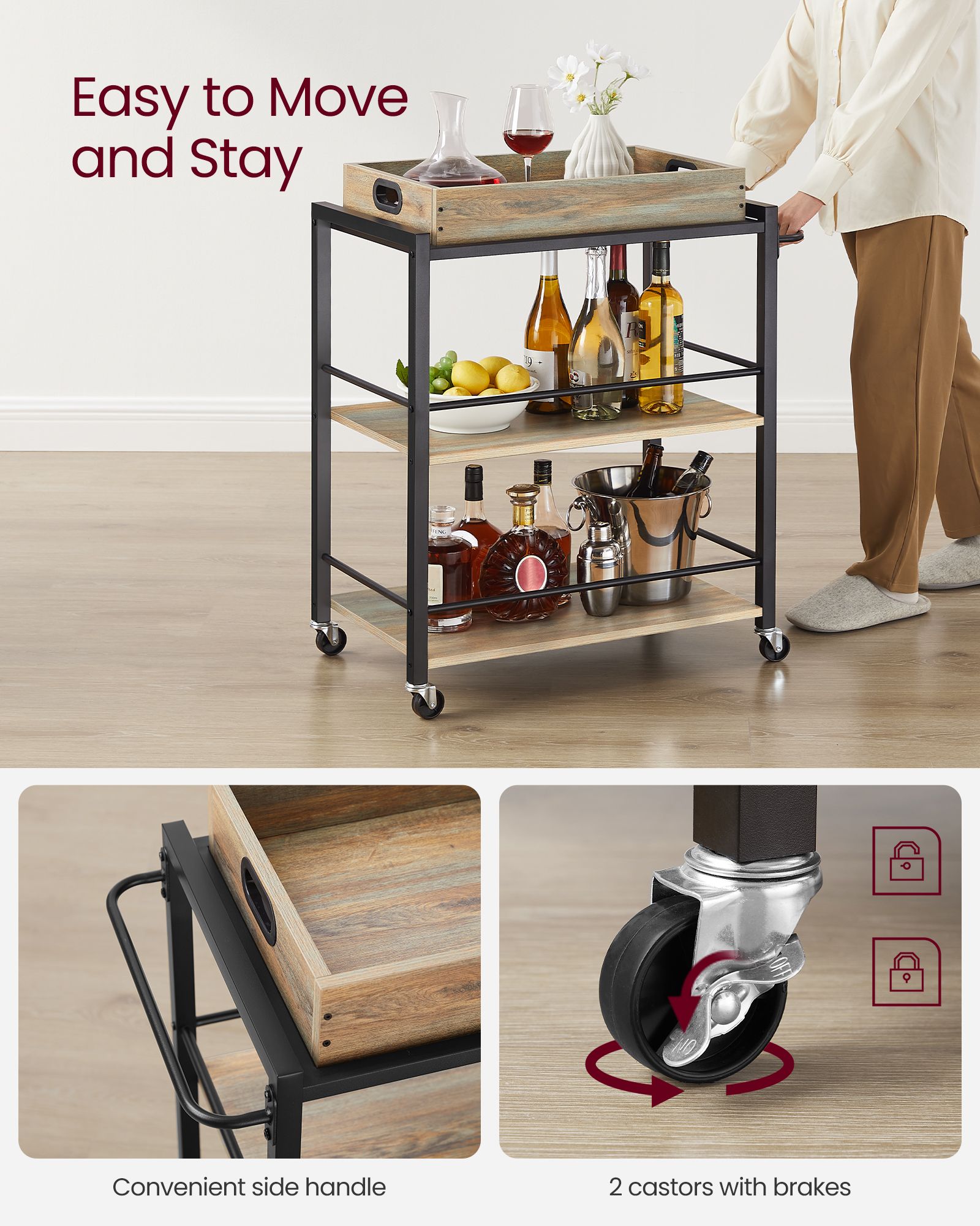 3-Tier Kitchen Serving Cart - Wood - Turquoise - Removable Tray