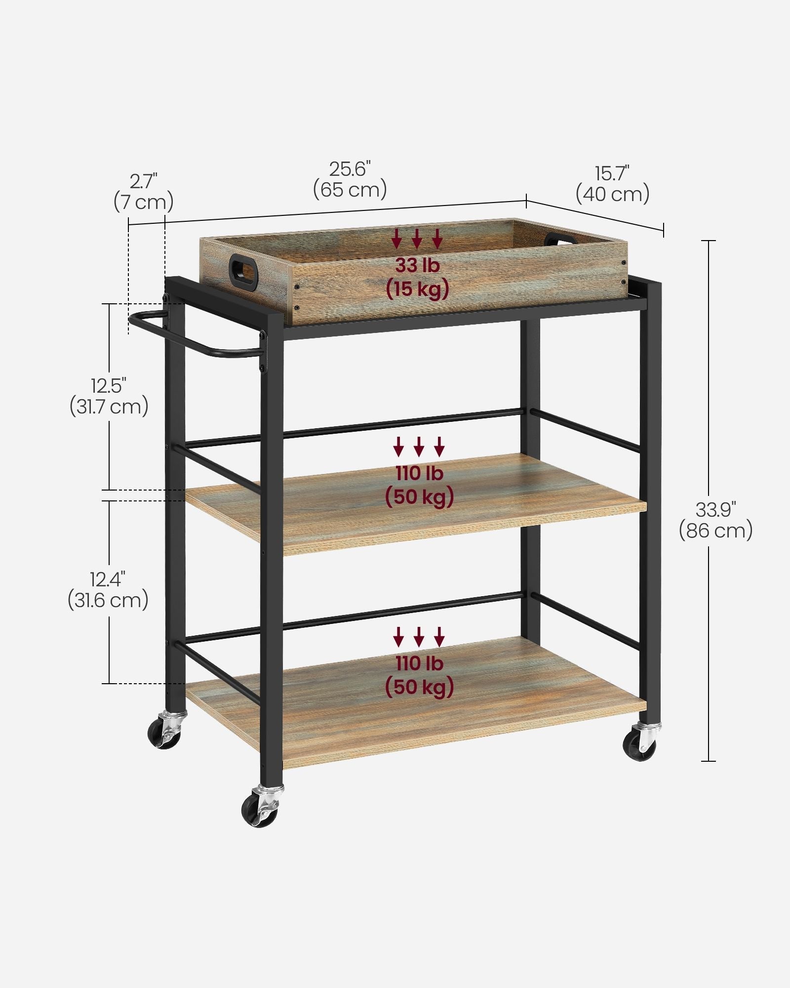 3-Tier Kitchen Serving Cart - Wood - Turquoise - Removable Tray