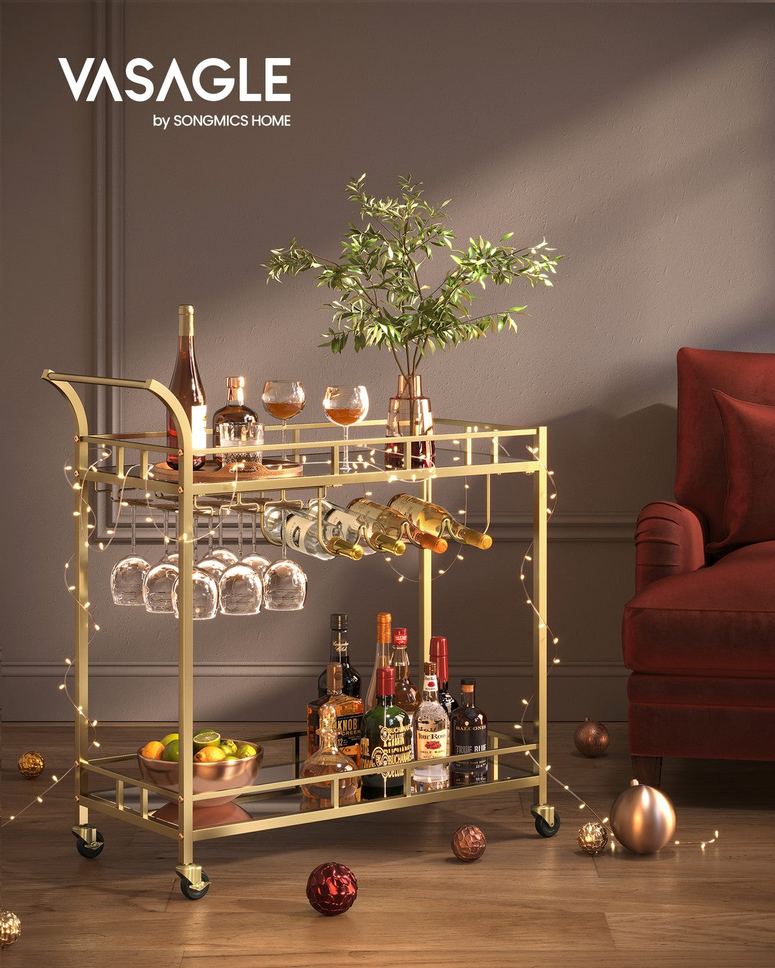 Bar Cart - Metal - Gold - With Wine and Glass Holders