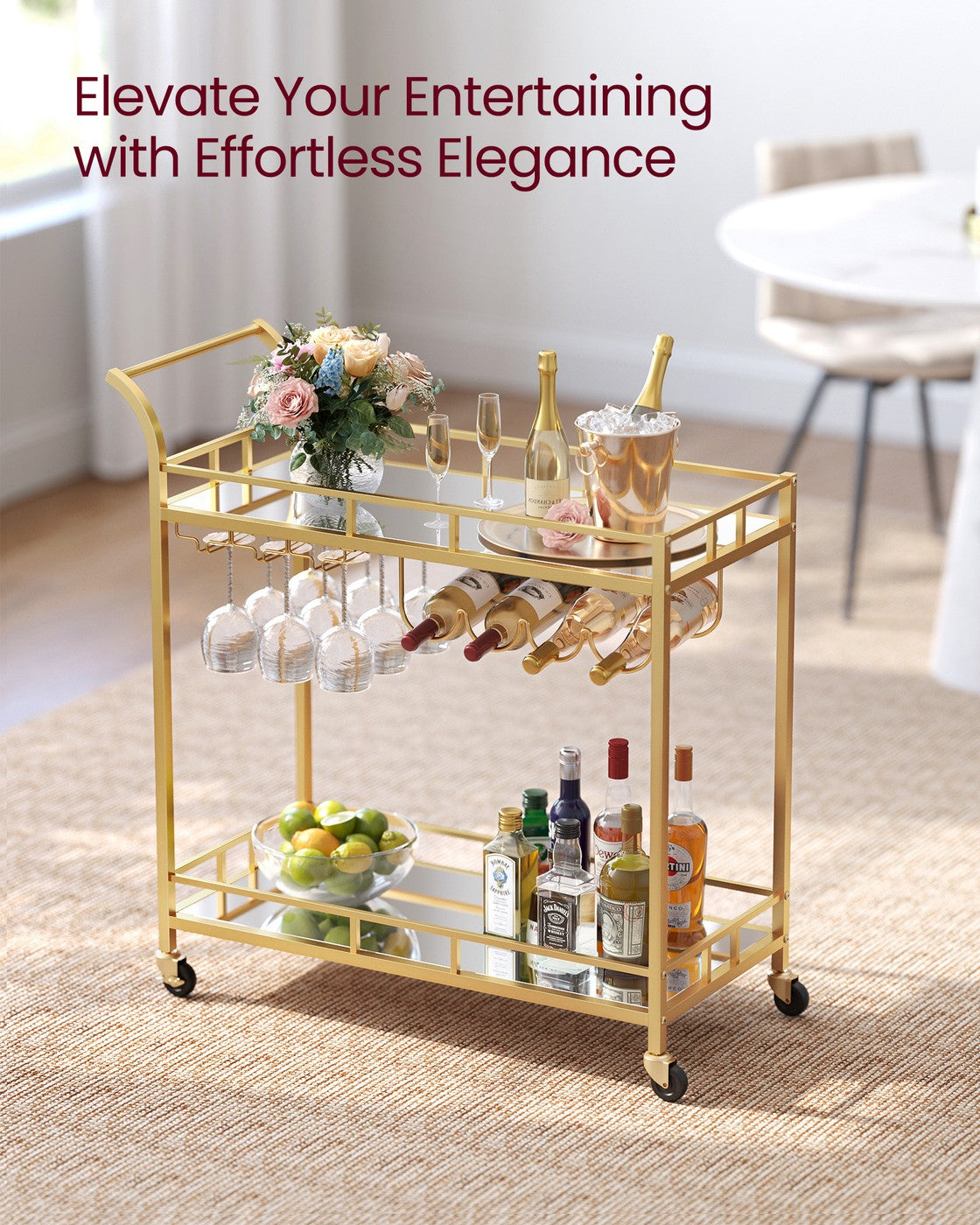 Bar Cart - 86L - Alloy Steel - Mirrored Shelves