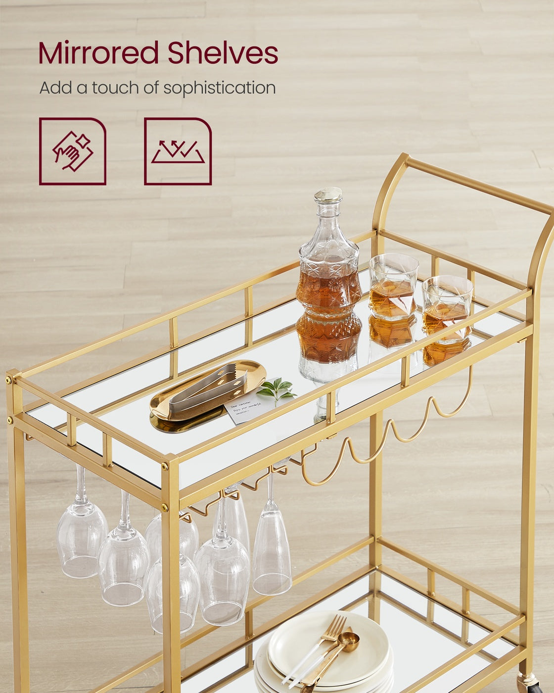 Bar Cart - 86L - Alloy Steel - Mirrored Shelves