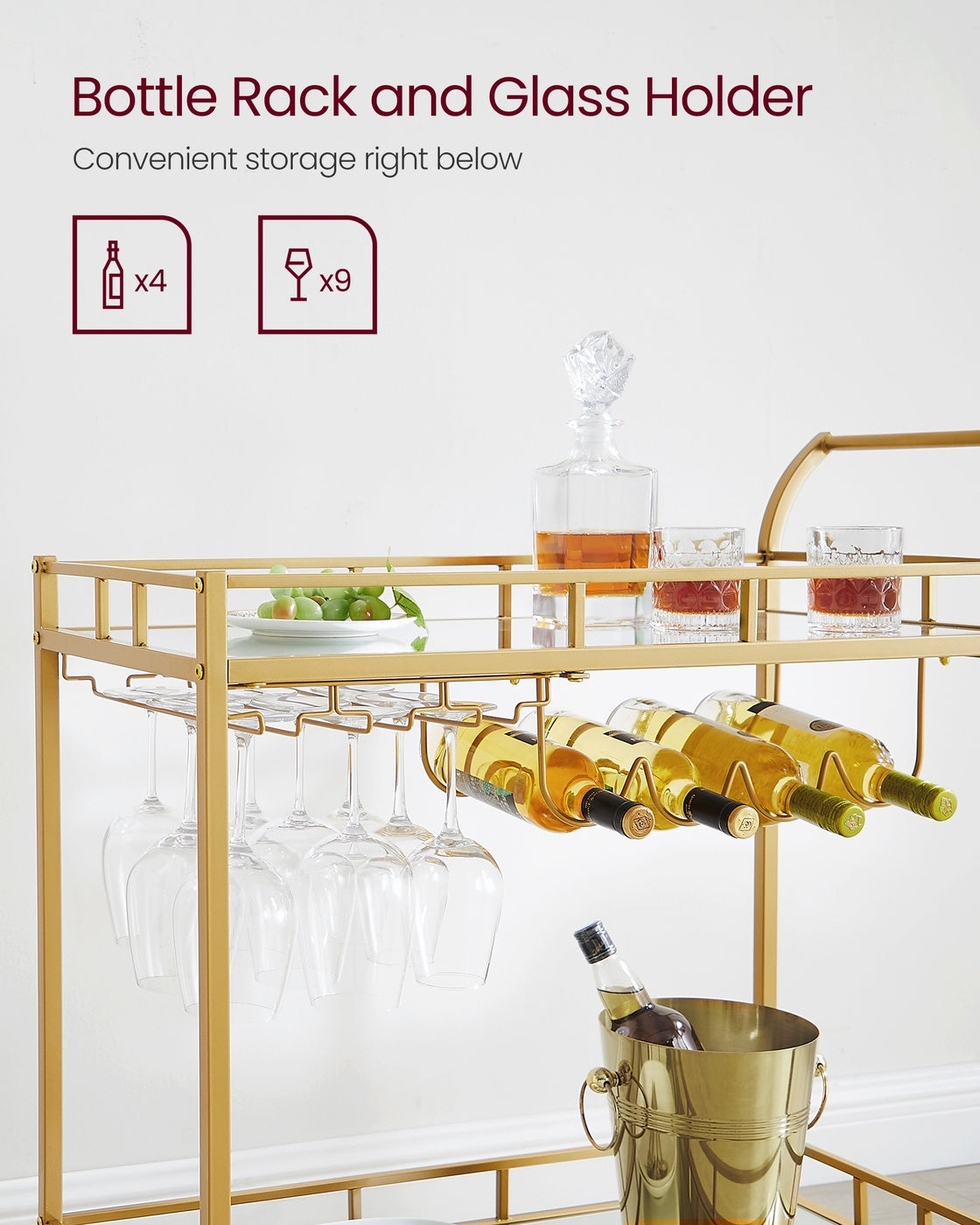 Bar Cart - Metal - Gold - With Wine and Glass Holders
