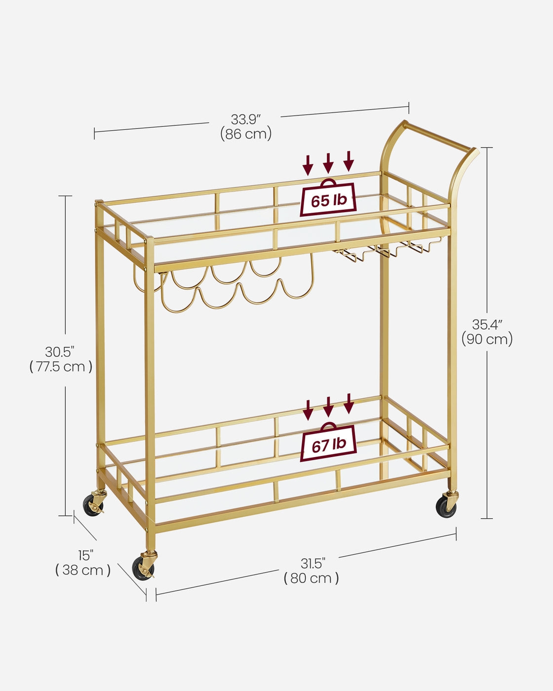 Bar Cart - 86L - Alloy Steel - Mirrored Shelves