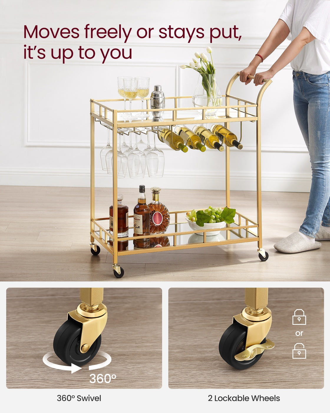 Bar Cart - Metal - Gold - With Wine and Glass Holders