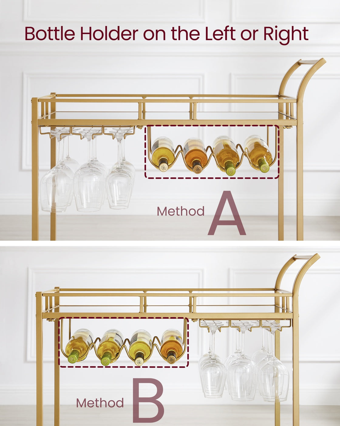 Bar Cart - Metal - Gold - With Wine and Glass Holders