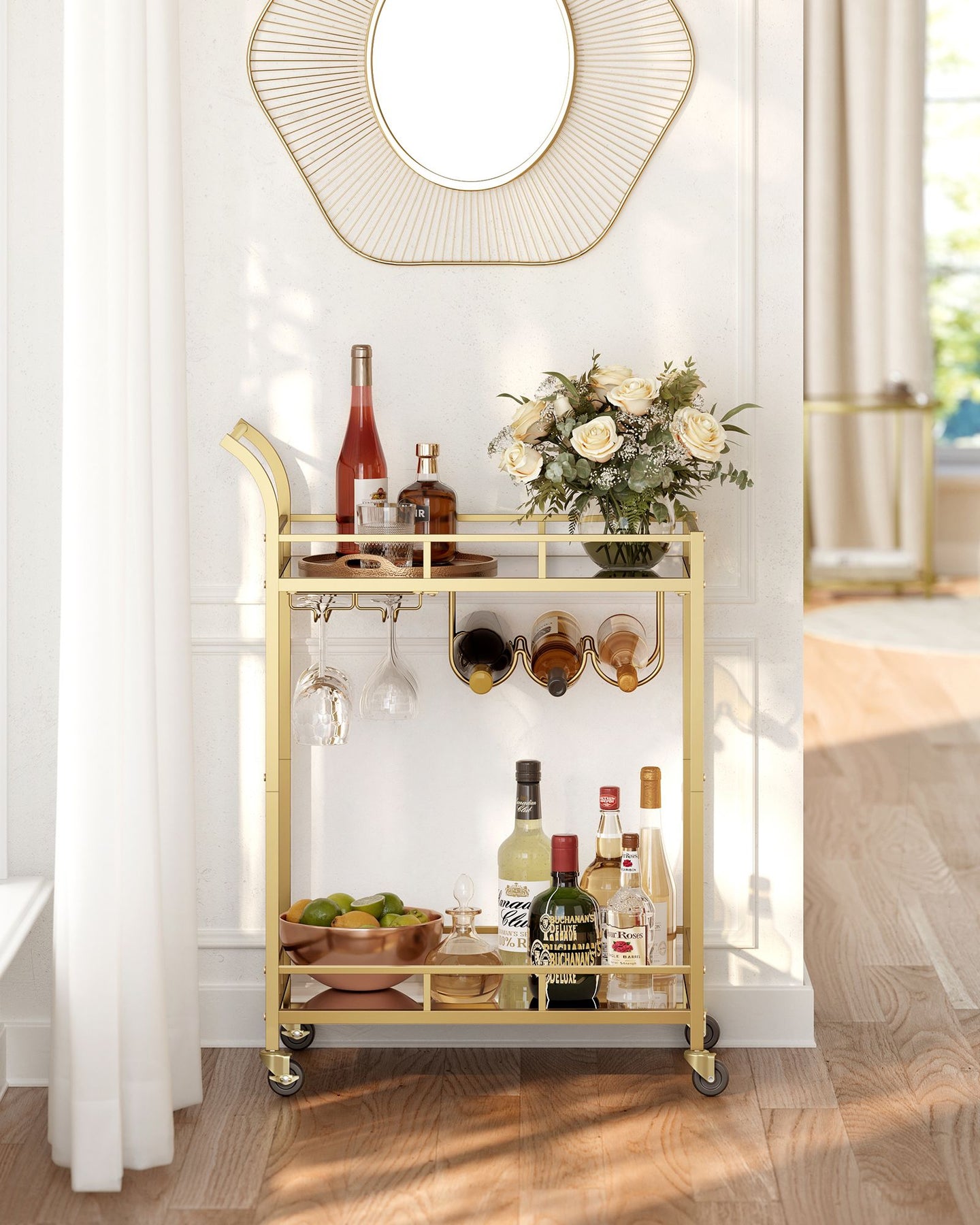 Drinks Trolley - 2 Mirrored Shelves - Gold - Metallic