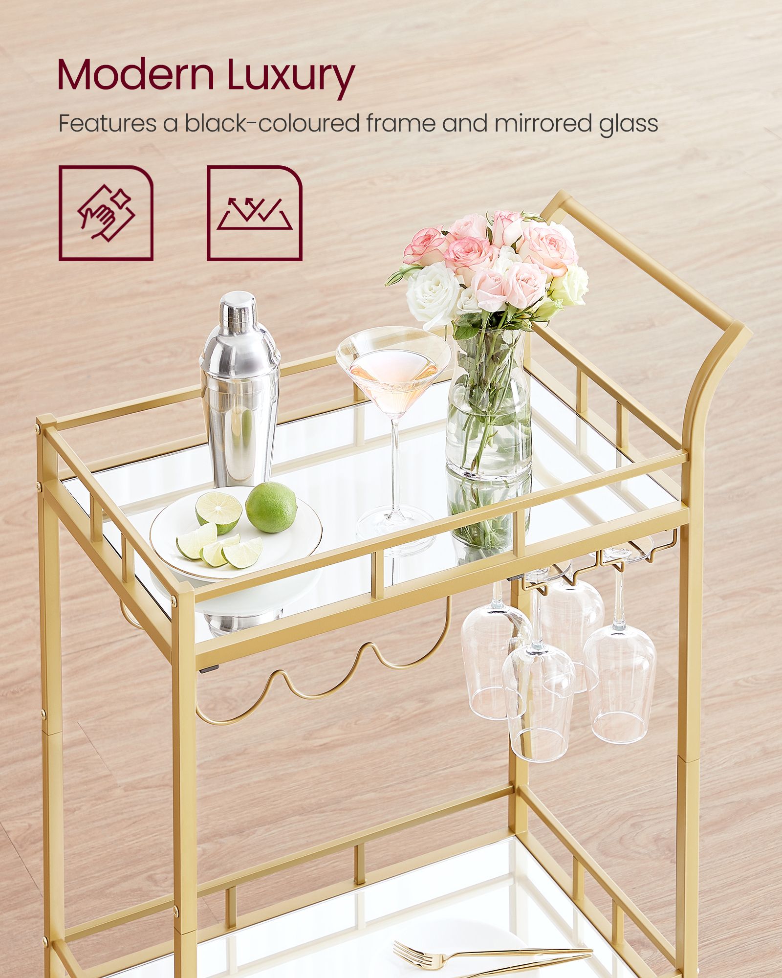 Drinks Trolley - 2 Mirrored Shelves - Gold - Metallic