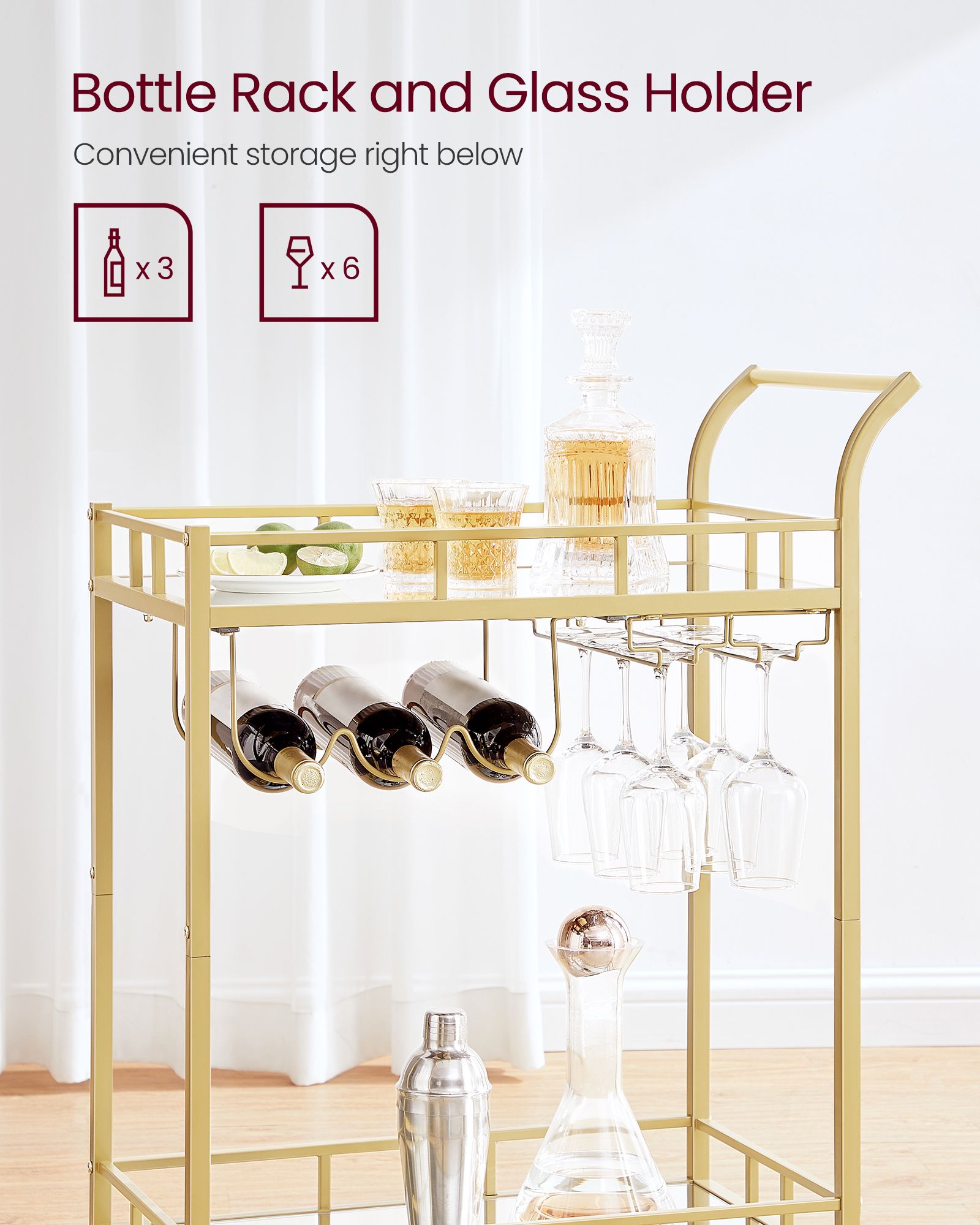 Drinks Trolley - 2 Mirrored Shelves - Gold - Metallic