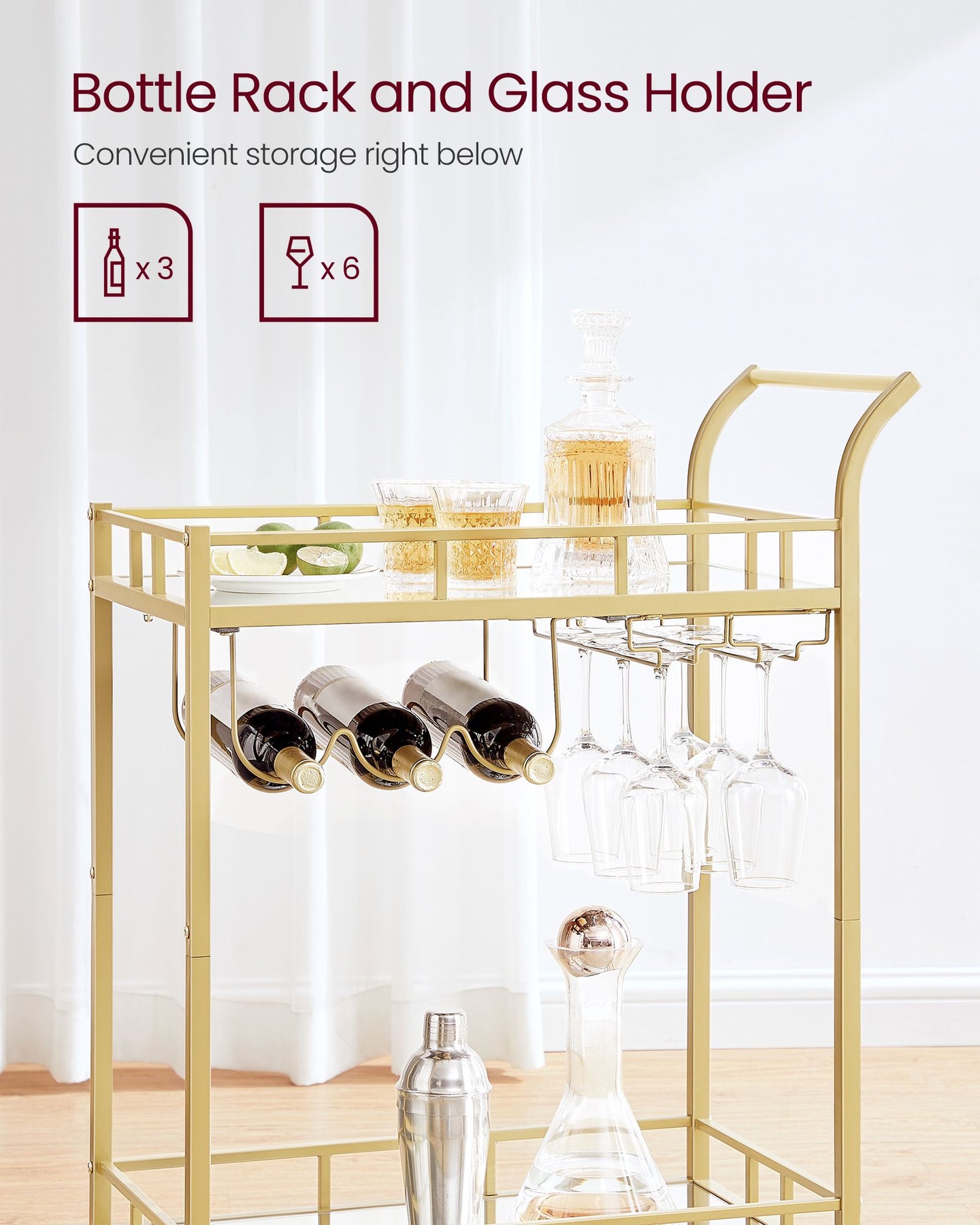 Drinks Trolley - 2 Mirrored Shelves - Gold - Metallic