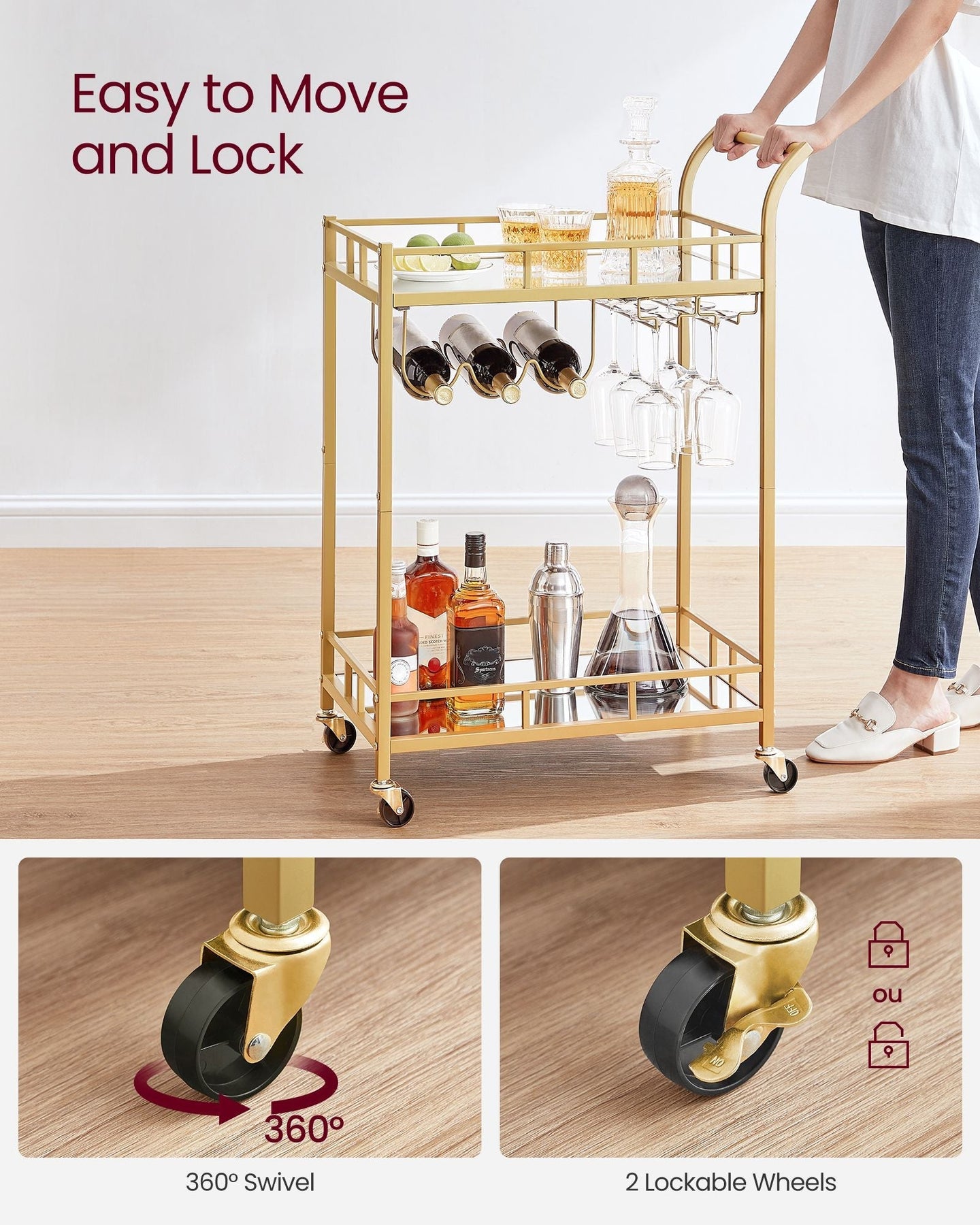 Drinks Trolley - 2 Mirrored Shelves - Gold - Metallic