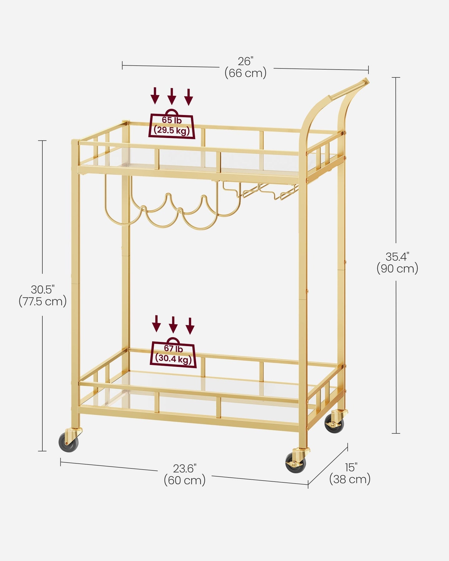 Drinks Trolley - 2 Mirrored Shelves - Gold - Metallic