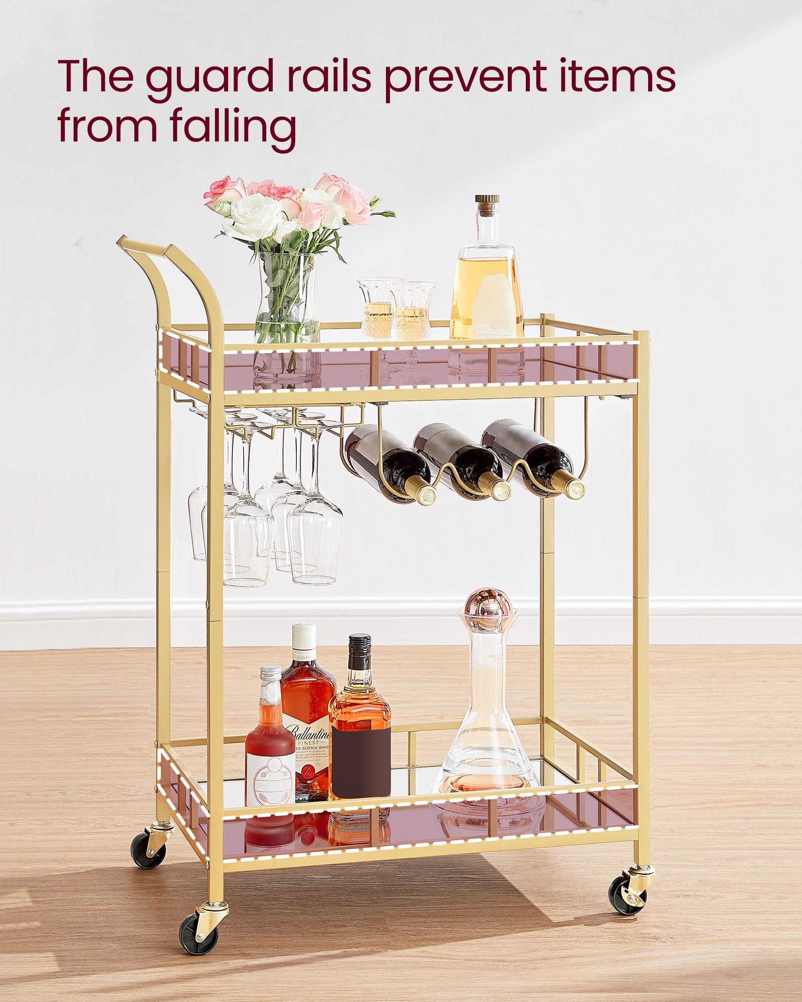 Drinks Trolley - 2 Mirrored Shelves - Gold - Metallic