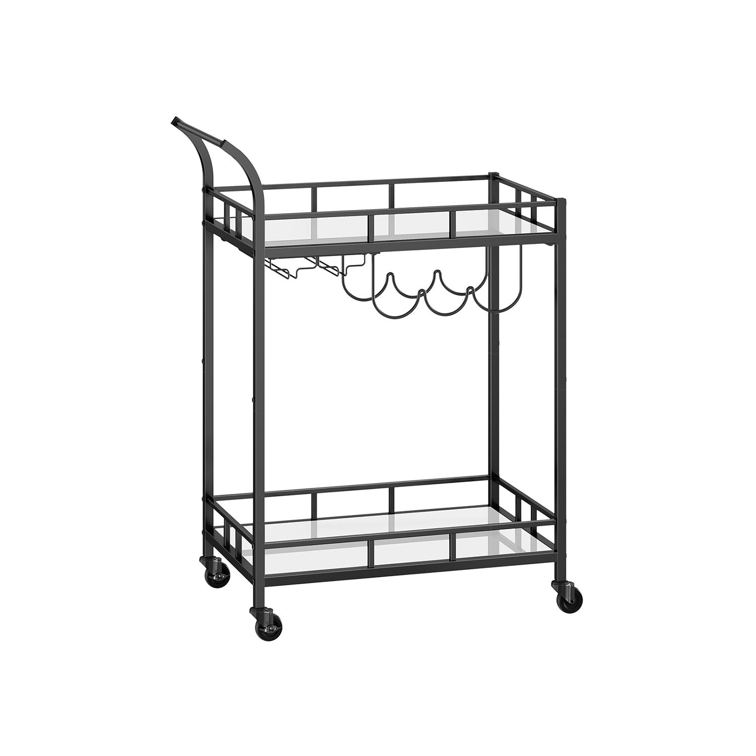Drinks Trolley - Metal - Ink Black - 2 Mirrored Shelves with Wine and Glass Holders