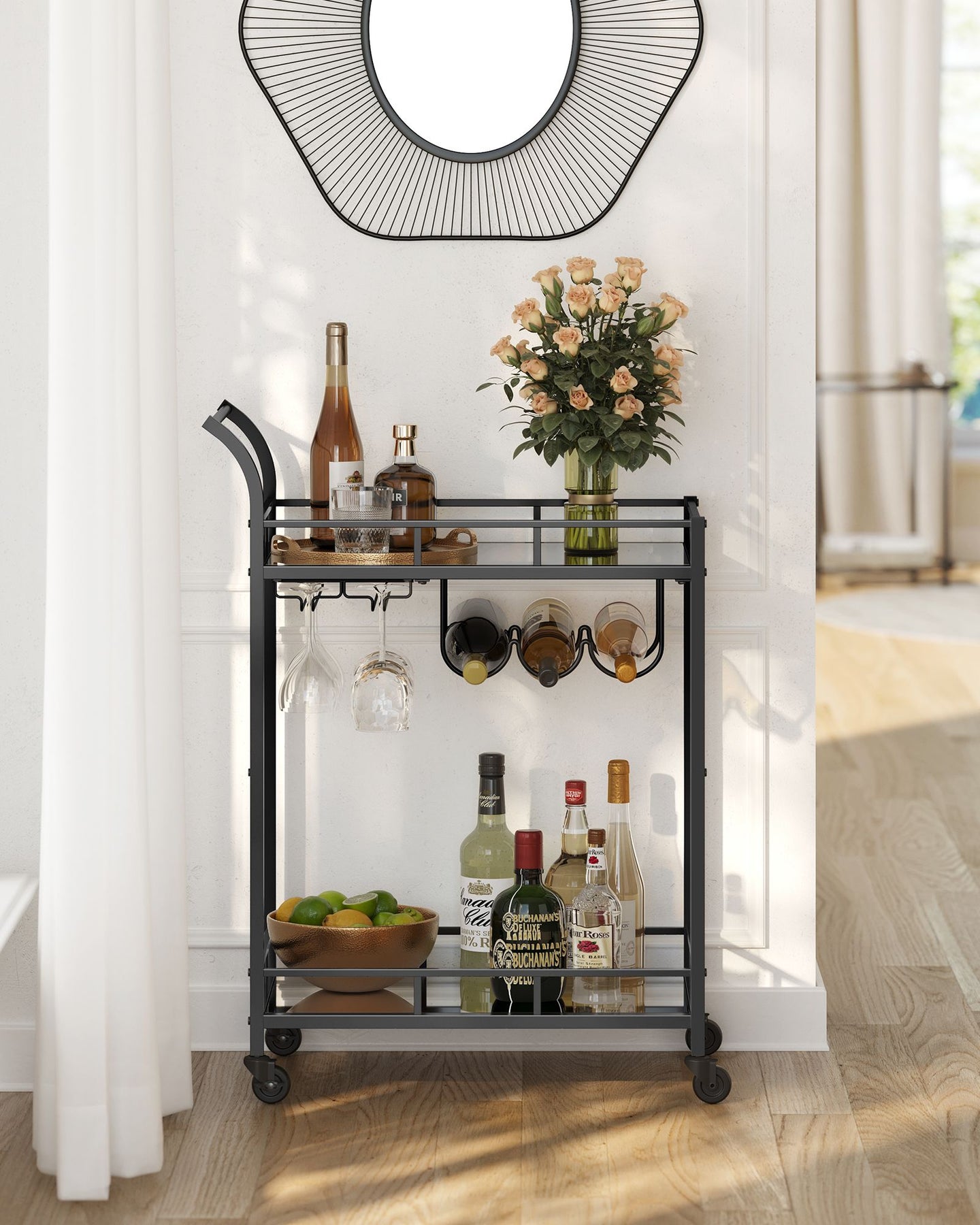 Drinks Trolley - Metal - Ink Black - 2 Mirrored Shelves with Wine and Glass Holders