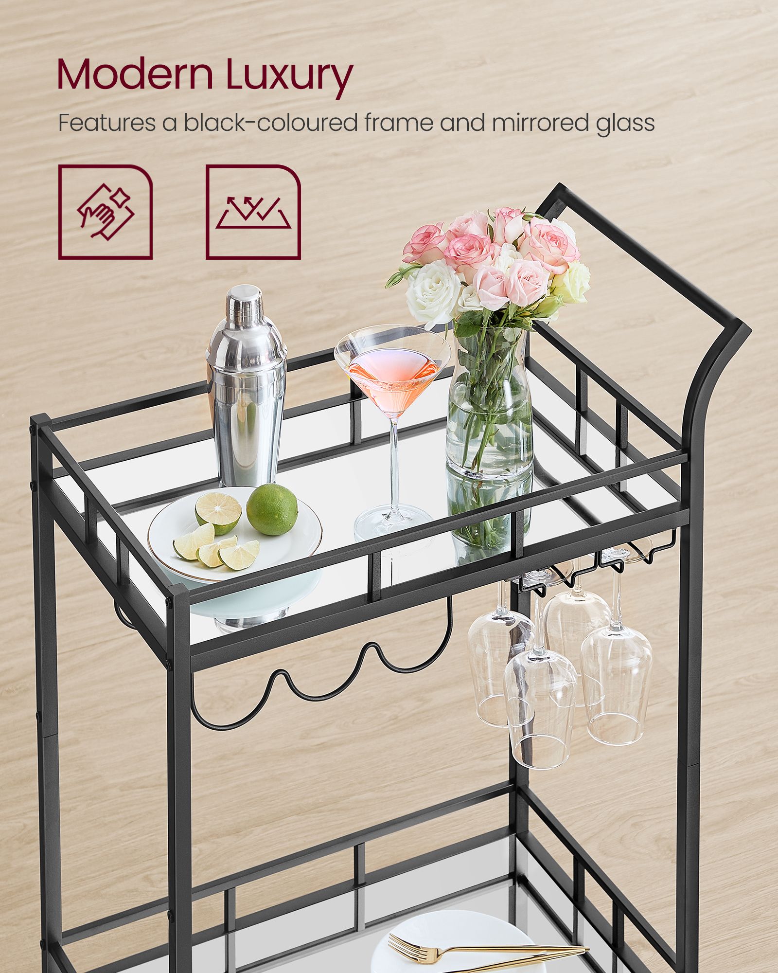Drinks Trolley - Metal - Ink Black - 2 Mirrored Shelves with Wine and Glass Holders