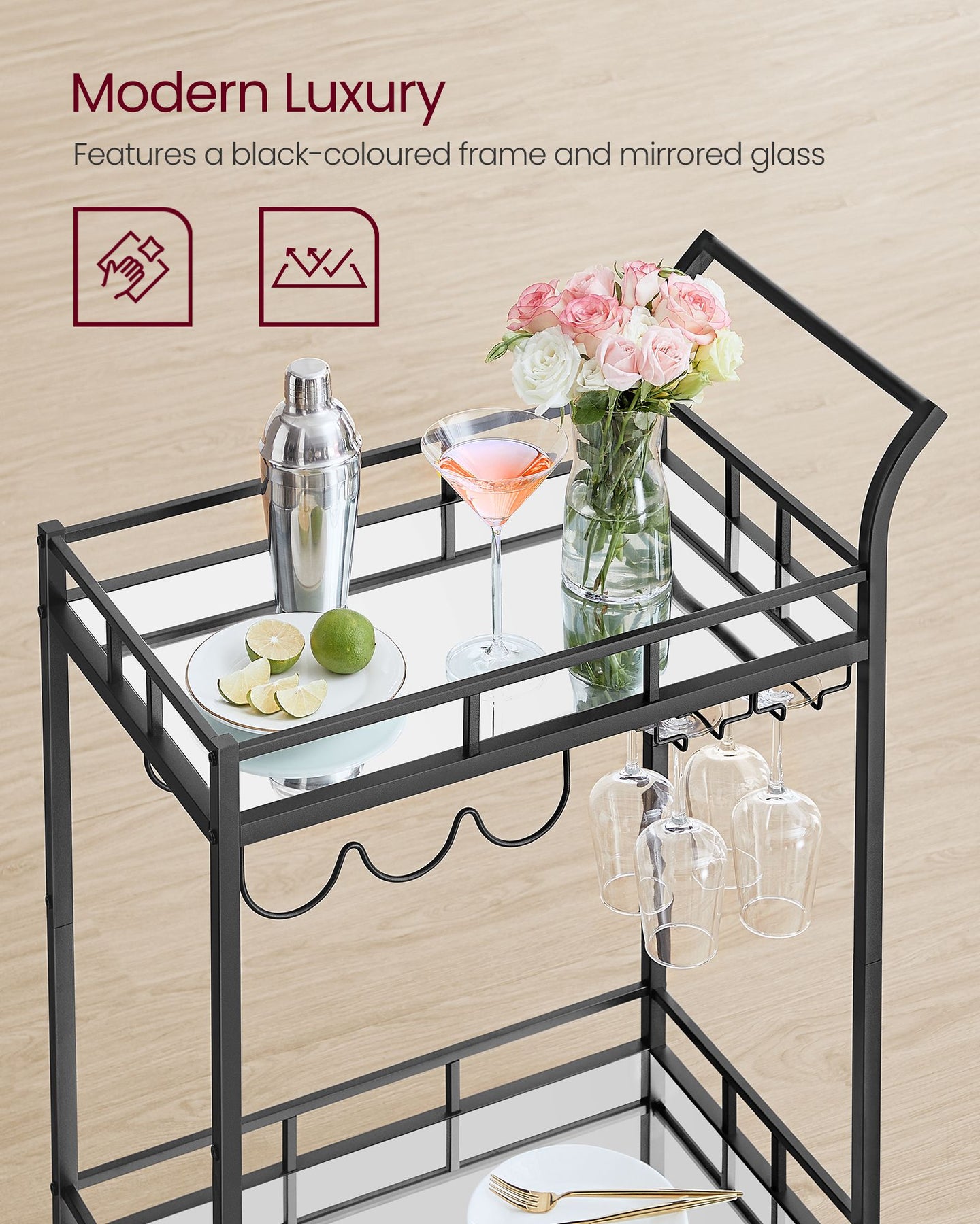 Drinks Trolley - Metal - Ink Black - 2 Mirrored Shelves with Wine and Glass Holders