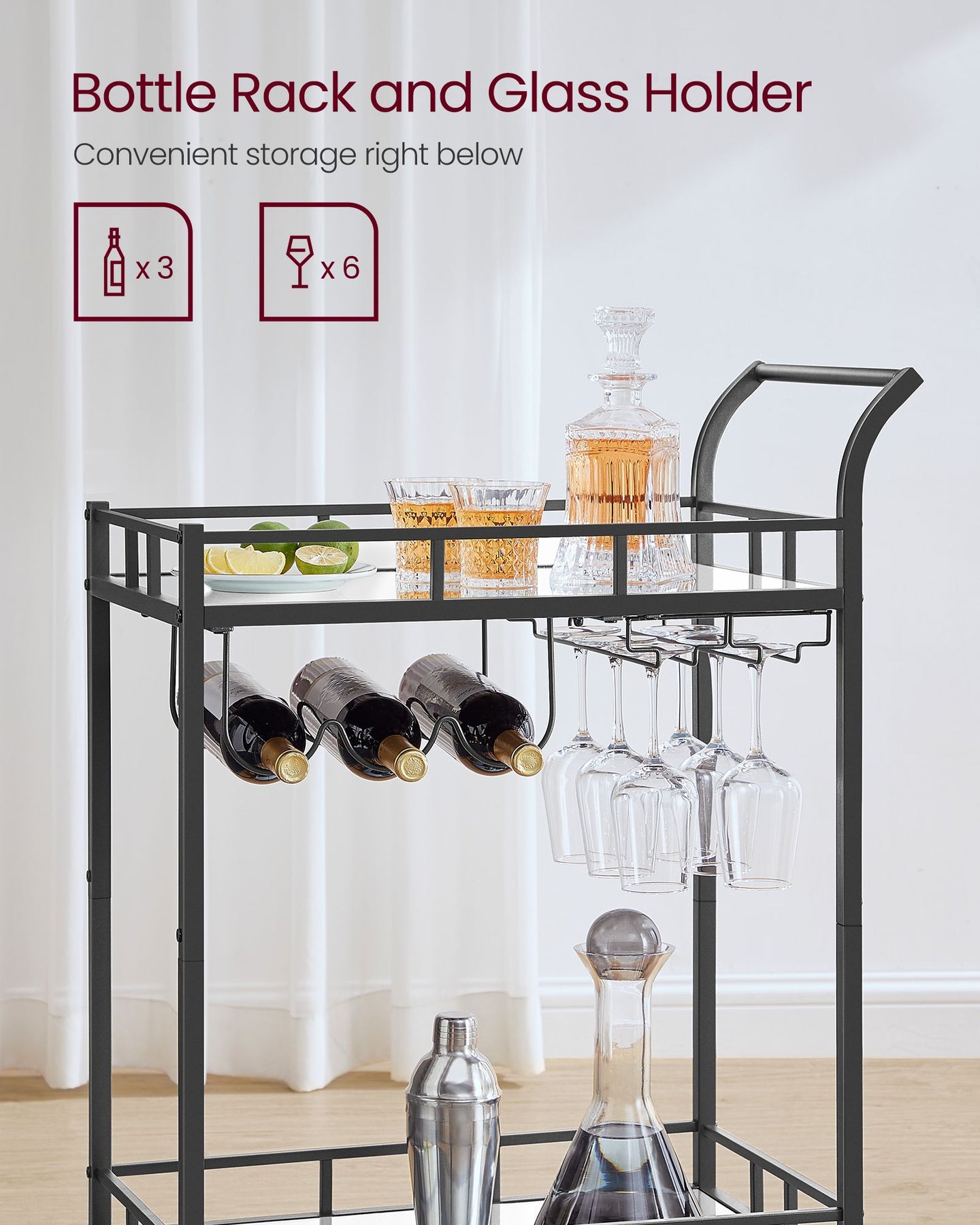 Drinks Trolley - Metal - Ink Black - 2 Mirrored Shelves with Wine and Glass Holders