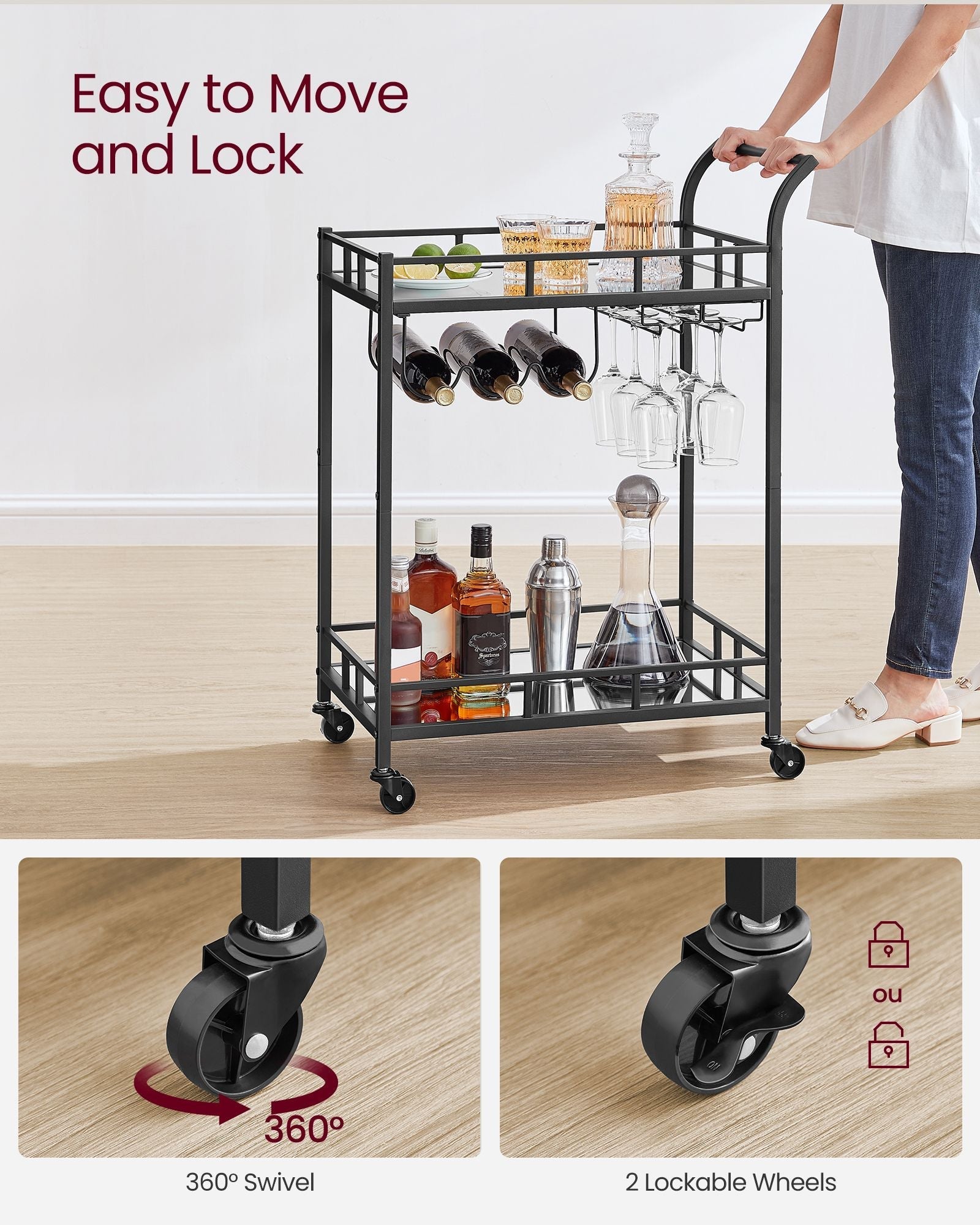 Drinks Trolley - Metal - Ink Black - 2 Mirrored Shelves with Wine and Glass Holders