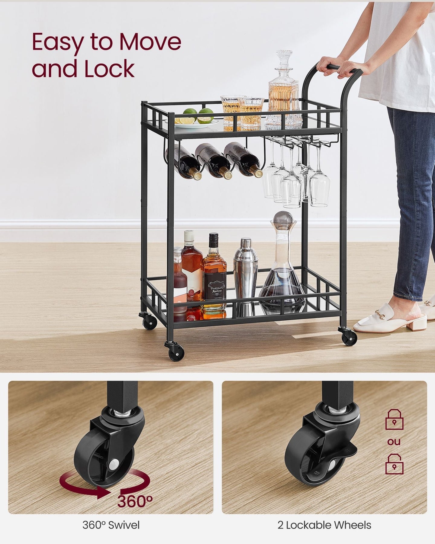 Drinks Trolley - Metal - Ink Black - 2 Mirrored Shelves with Wine and Glass Holders
