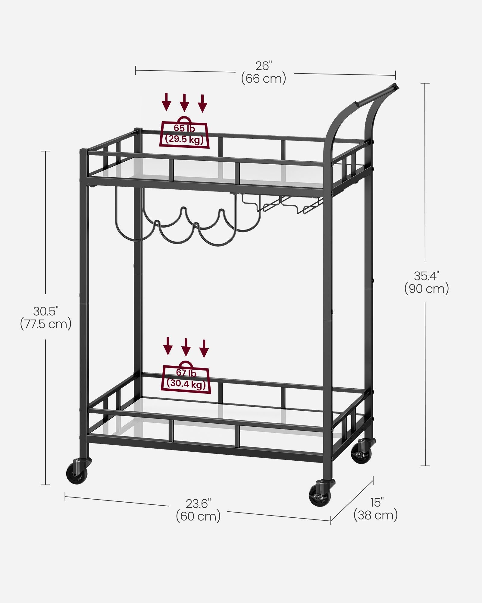 Drinks Trolley - Metal - Ink Black - 2 Mirrored Shelves with Wine and Glass Holders
