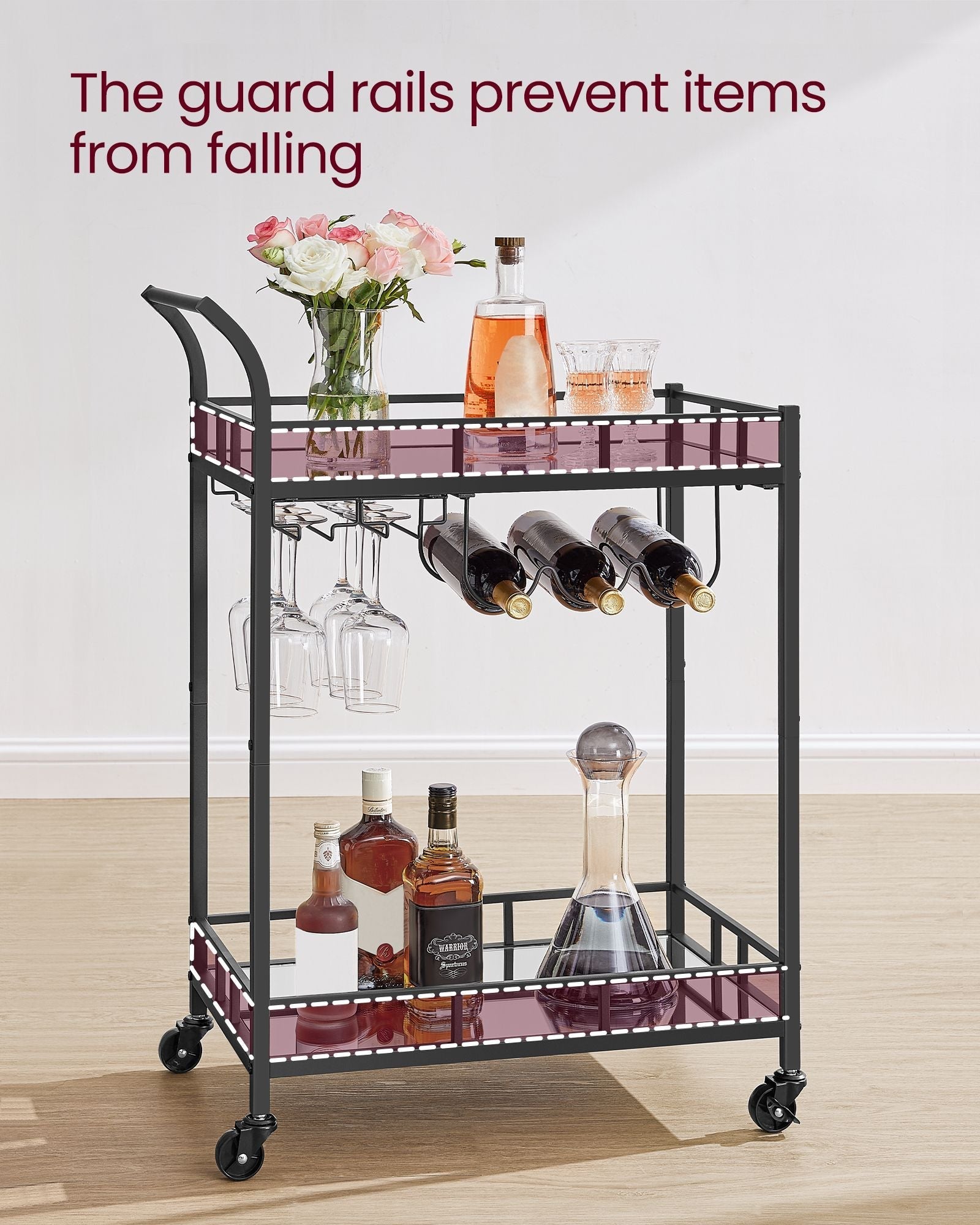 Drinks Trolley - Metal - Ink Black - 2 Mirrored Shelves with Wine and Glass Holders