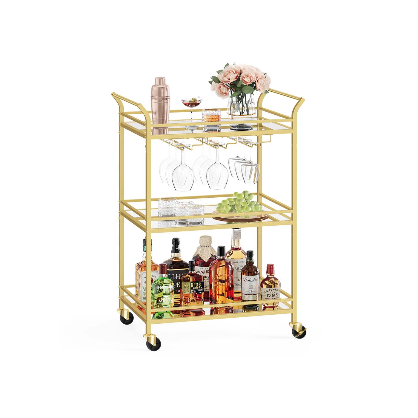 Drinks Trolley - Metal - Gold - 3-Tier with Wheels and Handles