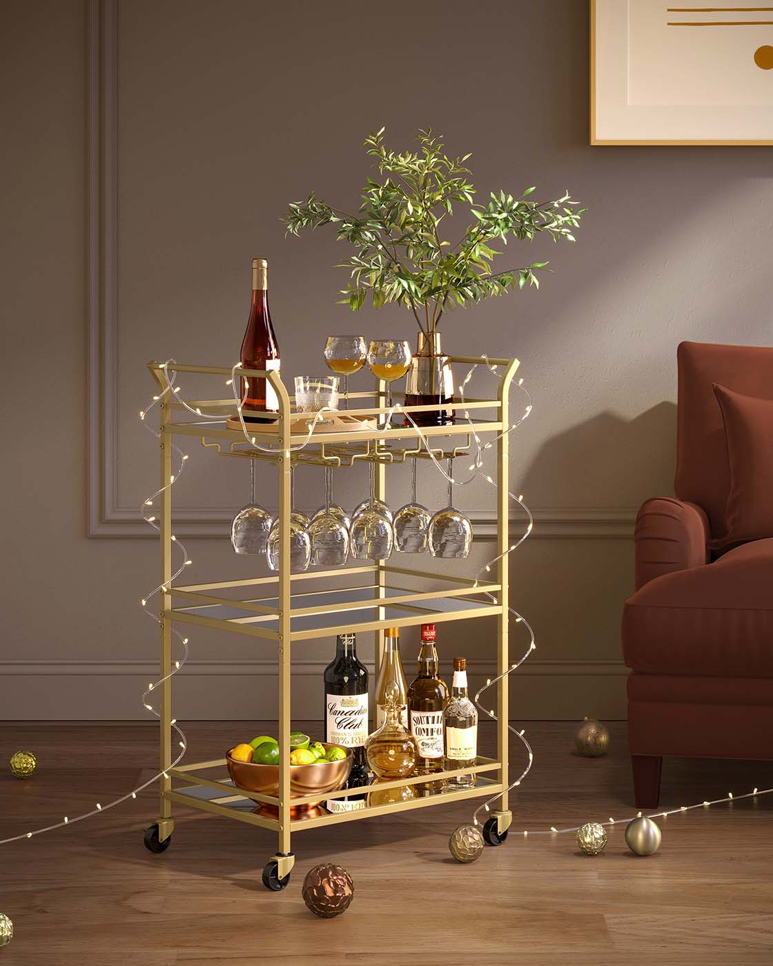 Drinks Trolley - Metal - Gold - 3-Tier with Wheels and Handles