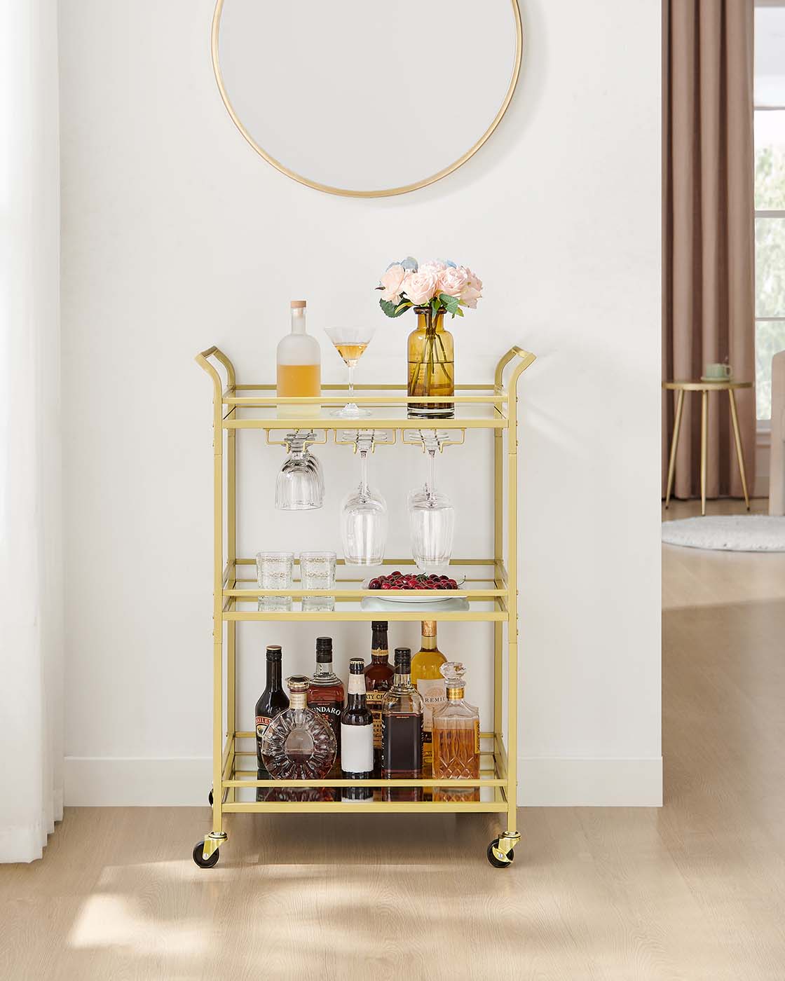 Drinks Trolley - Metal - Gold - 3-Tier with Wheels and Handles