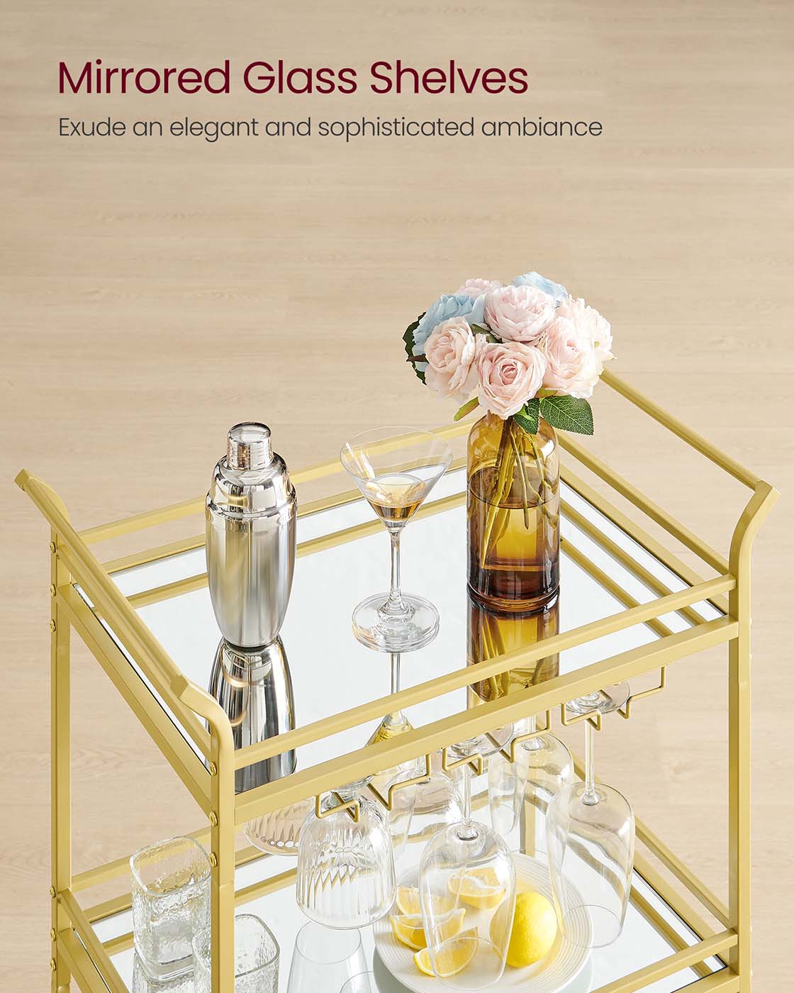 Drinks Trolley - Metal - Gold - 3-Tier with Wheels and Handles