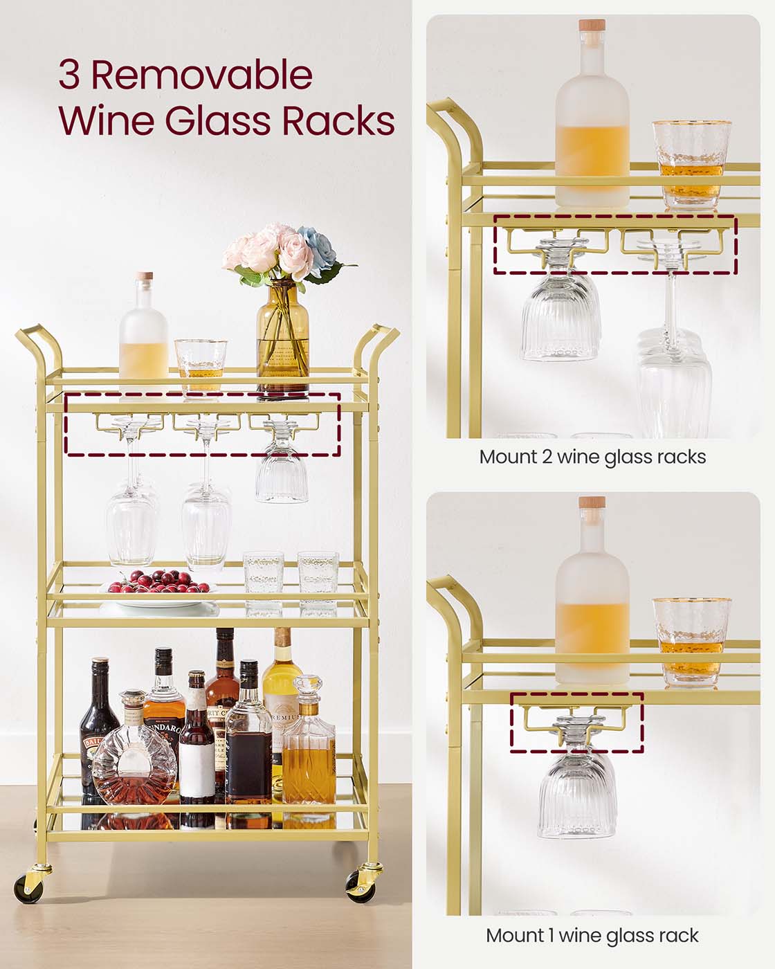 Drinks Trolley - Metal - Gold - 3-Tier with Wheels and Handles