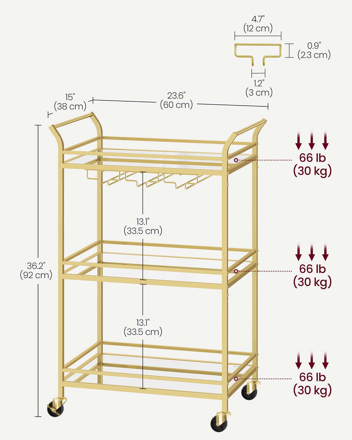 Drinks Trolley - Metal - Gold - 3-Tier with Wheels and Handles