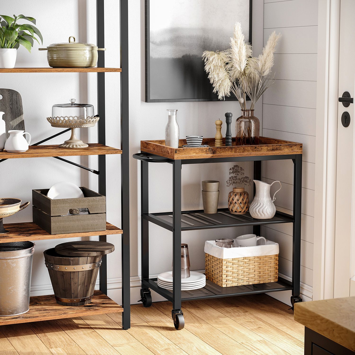 3-Tier Serving Trolley - Metal - Rustic Brown - Industrial Rolling Design