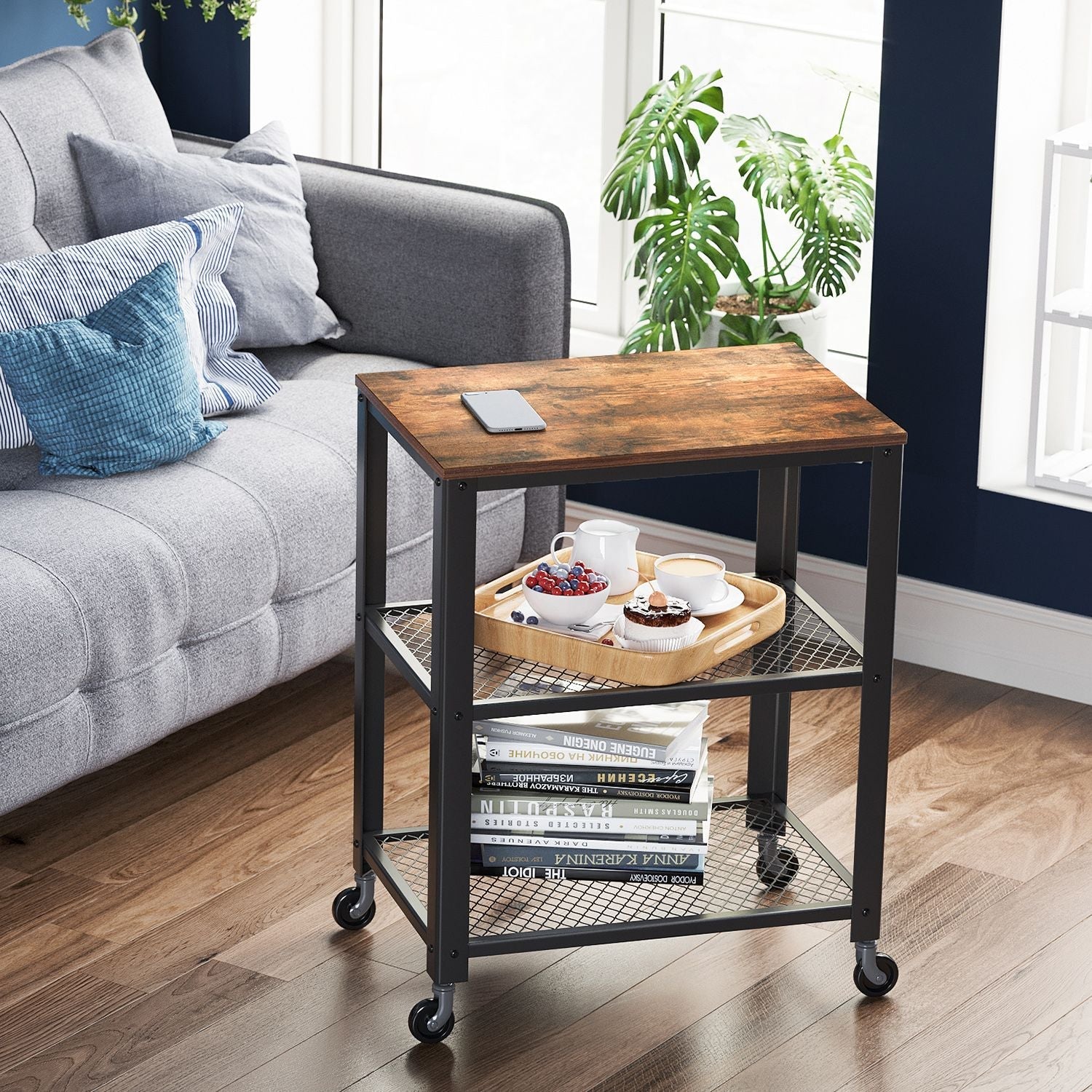 3-Tier Serving Trolley - Metal - Rustic Brown - Industrial Rolling Design