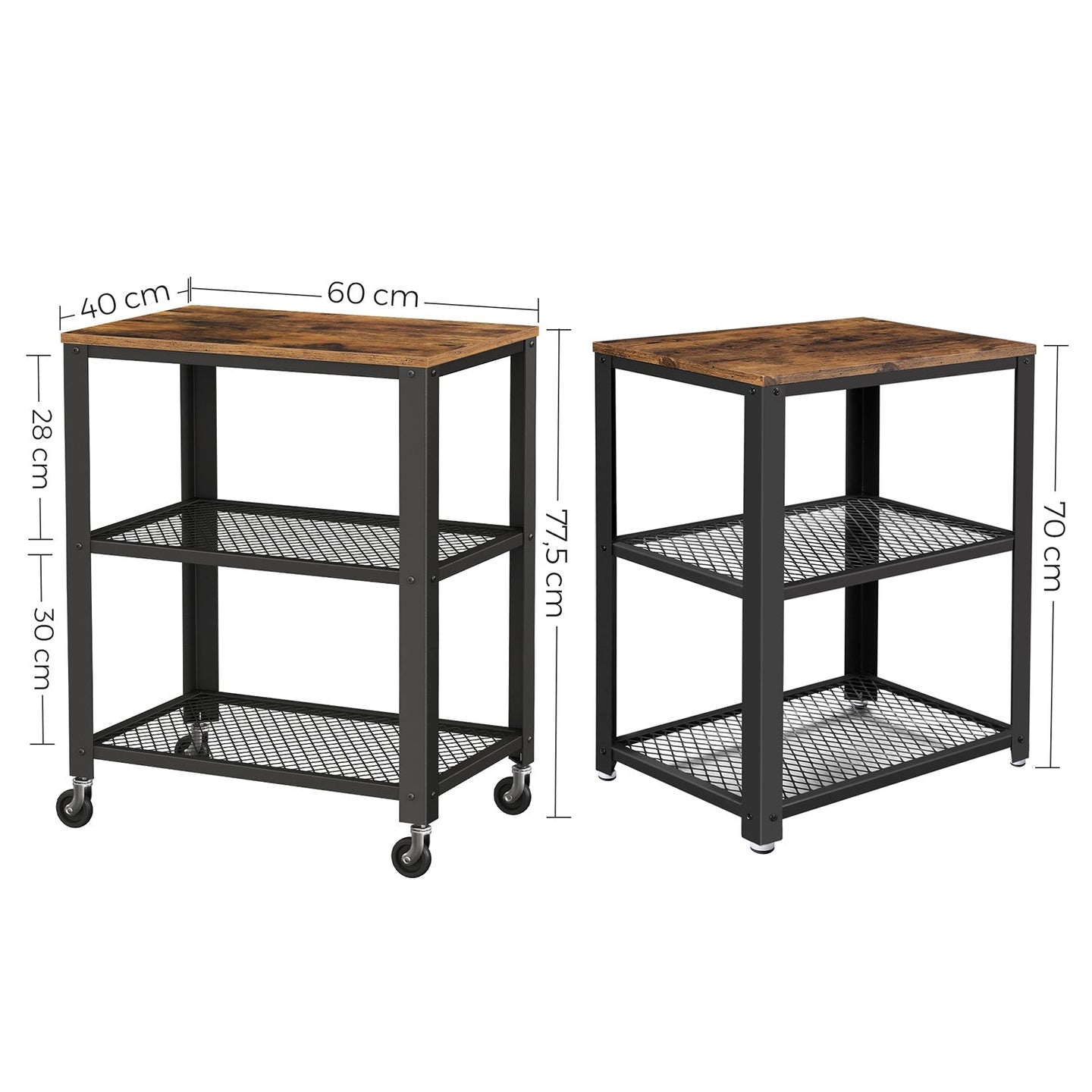 3-Tier Serving Trolley - Metal - Rustic Brown - Industrial Rolling Design