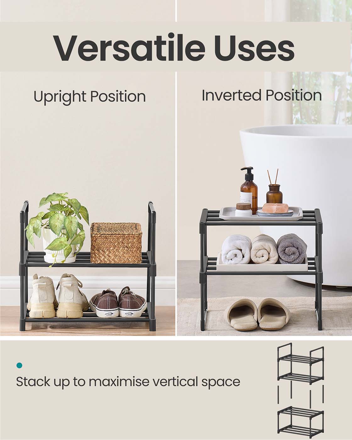 2-Tier Shoe Rack - Holds 3 to 6 Pairs - Metal - Black
