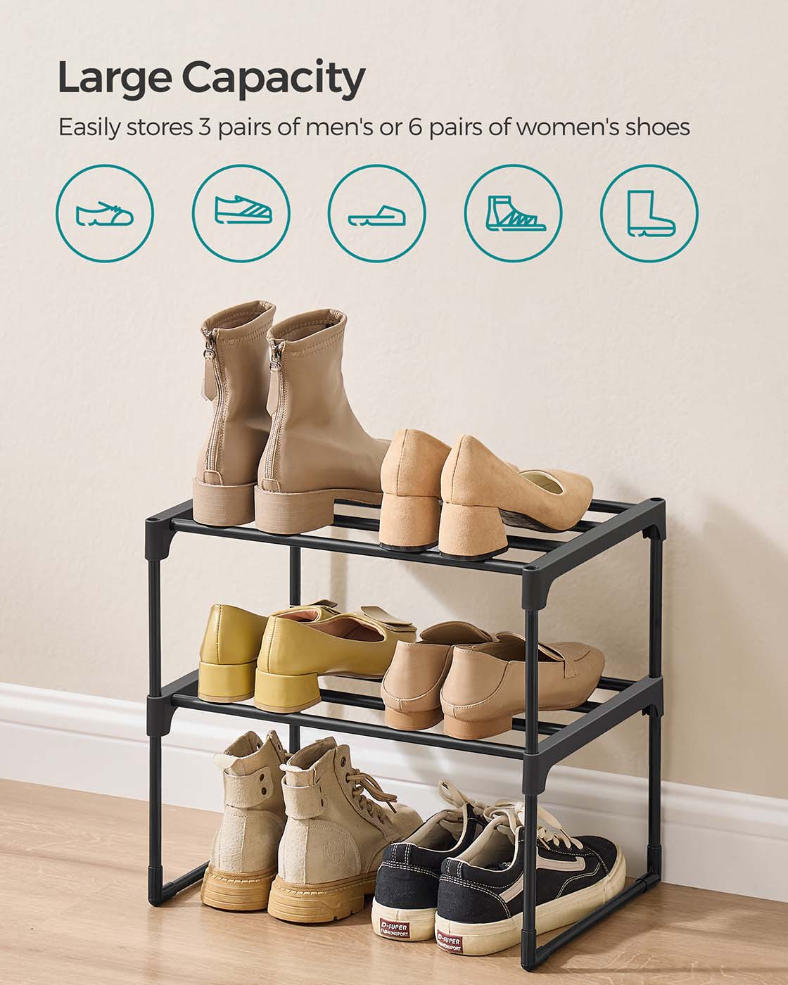 2-Tier Shoe Rack - Holds 3 to 6 Pairs - Metal - Black
