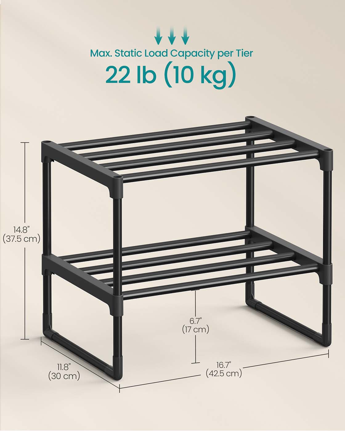 2-Tier Shoe Rack - Holds 3 to 6 Pairs - Metal - Black