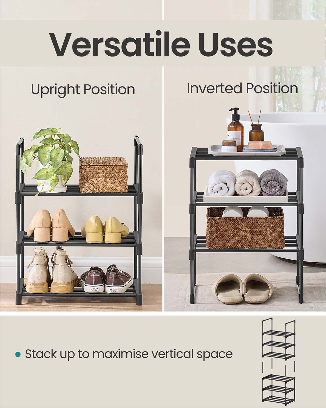 3-Tier Shoe Rack - Metal - Grey - Stackable Storage for 12 to 15 Pairs of Shoes