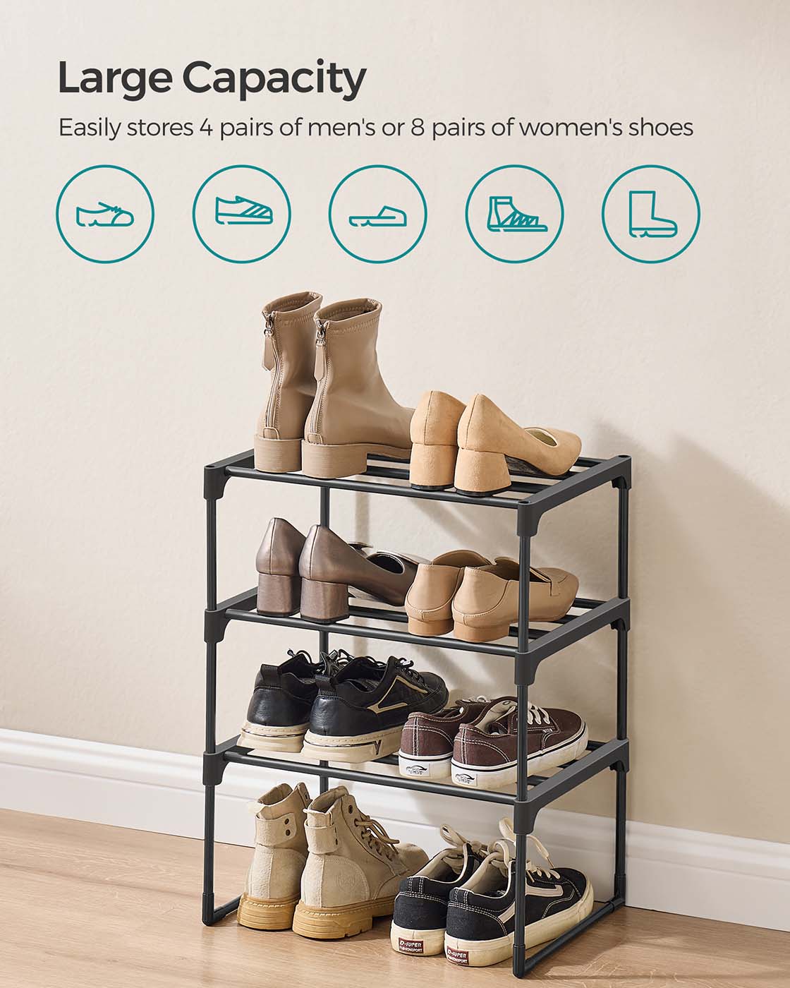 3-Tier Shoe Rack - Metal - Black - Stackable and Easy to Assemble