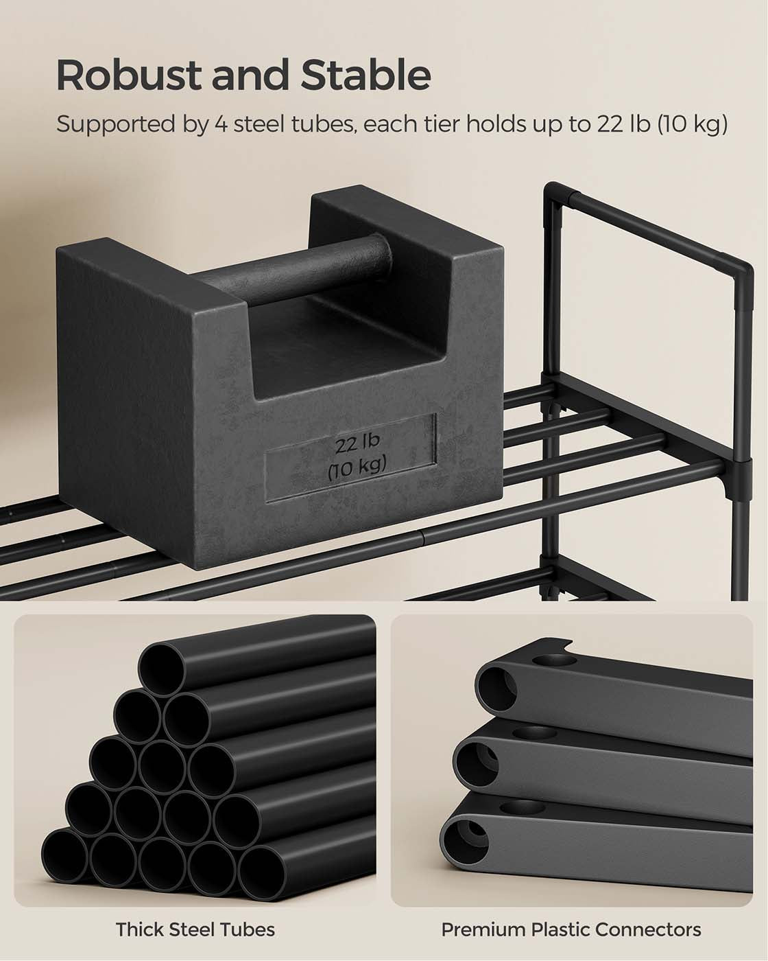 3-Tier Shoe Rack - Metal - Black - Stackable and Easy to Assemble