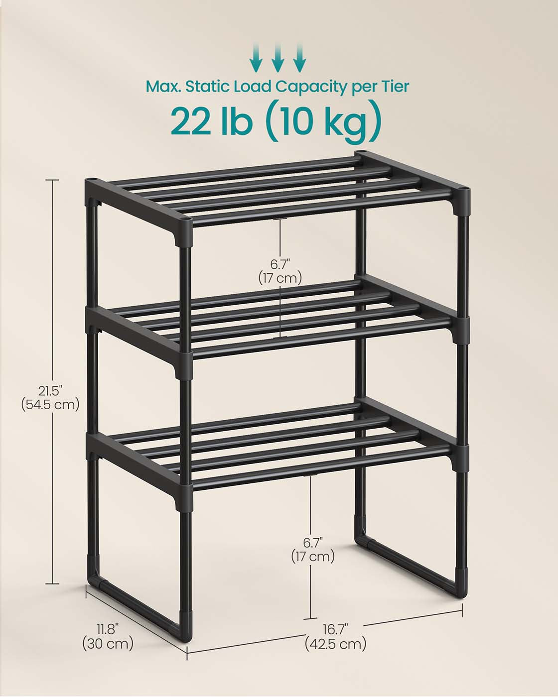 3-Tier Shoe Rack - Metal - Grey - Stackable Storage for 12 to 15 Pairs of Shoes