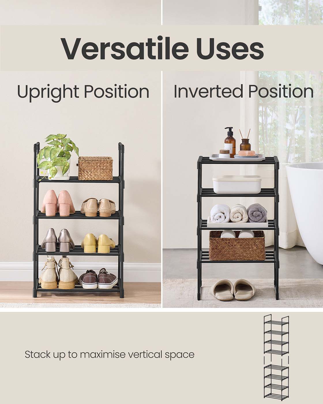 4-Tier Shoe Rack - Holds Up to 20 Pairs - Metal - Black