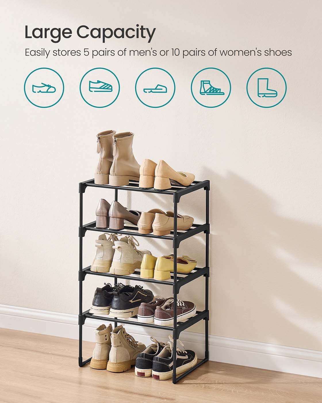 4-Tier Shoe Rack - Holds Up to 20 Pairs - Metal - Black